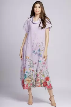 Rochie lunga din in cu guler intors si imprimeu pictural floral pe fond lila imagine