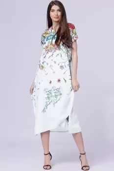 Rochie lunga din in cu imprimeu pictural floral si funda pe spate, pe fond alb imagine