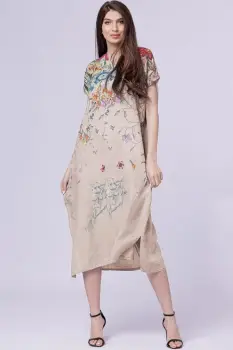 Rochie lunga din in cu imprimeu pictural floral si funda pe spate, pe fond bej imagine