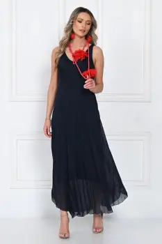 Rochie lunga din matase cu croi fluid si bretele fine, eleganta, bleumarin imagine