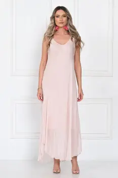 Rochie lunga din matase cu croi fluid si bretele fine, eleganta, roz delicat imagine