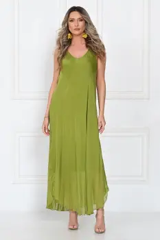 Rochie lunga din matase cu croi fluid si bretele fine, eleganta, verde olive imagine
