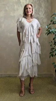 Rochie lunga din matase cu volane suprapuse asimetrice si paiete fine la decolteu, bej imagine