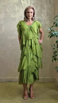 Rochie lunga din matase cu volane suprapuse asimetrice si paiete fine la decolteu, verde olive imagine