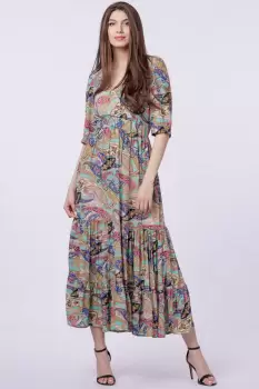 Rochie lunga din matase indiana, cu bust petrecut, imprimeu paisley si elemente aurii imagine