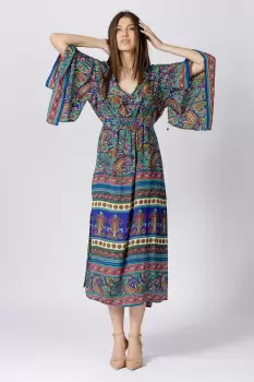 Rochie lunga din matase indiana cu maneca ampla si imprimeu arabesque albastru-verde imagine