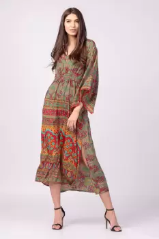 Rochie lunga din matase indiana cu maneca ampla si imprimeu arabesque rosu-verde imagine