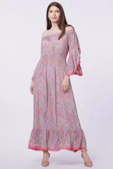 Rochie lunga din matase indiana, pe umeri, cu maneci ample, roz imagine