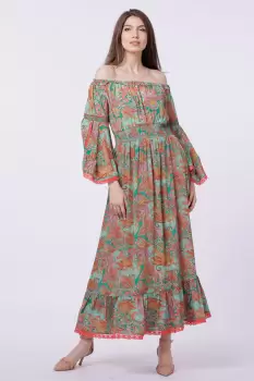 Rochie lunga din matase indiana, pe umeri, cu maneci ample, verde-corai imagine