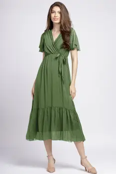 Rochie lunga din matase naturala cu bust petrecut, kaki imagine