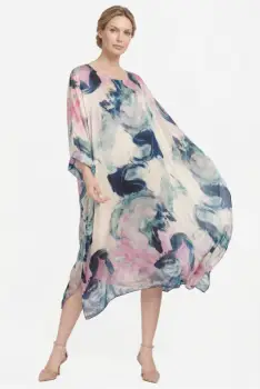 Rochie lunga din matase naturala cu croi amplu, print abstract bleumarin, pastel si efect pictural fluid imagine