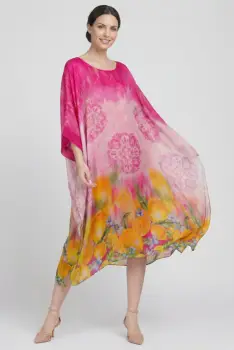 Rochie lunga din matase naturala cu croi amplu si maneci largi, print citric vibrant si degrade roz feminin imagine