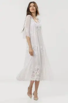 Rochie lunga din matase naturala cu detalii din dantela, alba imagine