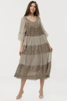 Rochie lunga din matase naturala cu detalii din dantela, bej inchis imagine