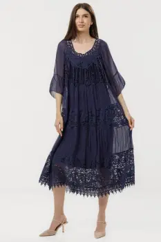 Rochie lunga din matase naturala cu detalii din dantela, bleumarin imagine