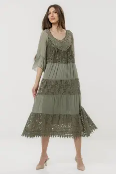 Rochie lunga din matase naturala cu detalii din dantela, kaki imagine