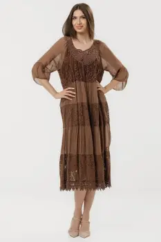 Rochie lunga din matase naturala cu detalii din dantela, maro imagine