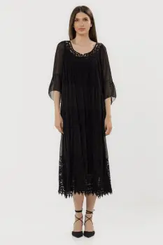 Rochie lunga din matase naturala cu detalii din dantela, neagra imagine