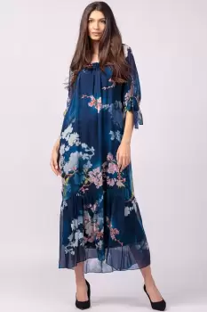 Rochie lunga din matase naturala, cu imprimeu flori de cires pe fond bleumarin imagine