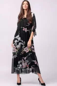 Rochie lunga din matase naturala, cu imprimeu flori de cires pe fond negru imagine