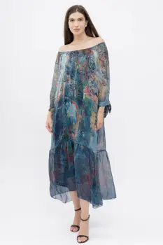 Rochie lunga din matase naturala, cu imprimeu pictural turcoaz inchis imagine