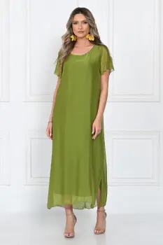 Rochie lunga din matase si vascoza cu croi lejer si maneci scurte, eleganta, verde olive imagine