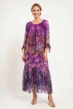 Rochie lunga din matase si vascoza, cu imprimeu floral artistic, mov imagine