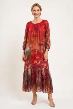 Rochie lunga din matase si vascoza, cu imprimeu floral artistic, rosie imagine