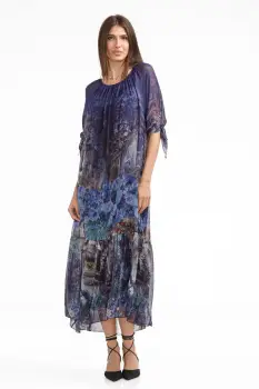 Rochie lunga din matase si vascoza,, cu imprimeu floral pictural pe fond bleumarin imagine