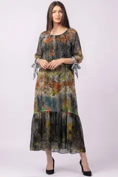 Rochie lunga din matase si vascoza, cu imprimeu pictural pe fond negru imagine