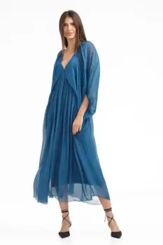 Rochie lunga din matase si vascoza,, cu maneci ample si decolteu adanc, turcoaz inchis imagine