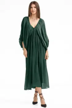 Rochie lunga din matase si vascoza,, cu maneci ample si decolteu adanc, verde inchis imagine