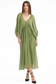 Rochie lunga din matase si vascoza,, cu maneci ample si decolteu adanc, verde olive imagine