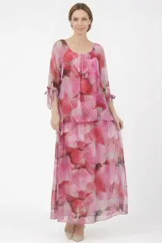 Rochie lunga din matase vaporoasa, croi lejer in doua straturi, imprimeu artistic fucsia imagine