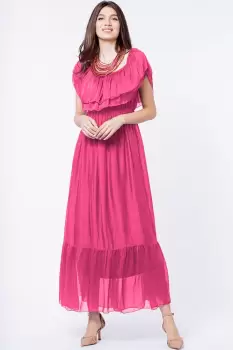 Rochie lunga, fucsia, din matase naturala, cu volan pe umeri imagine