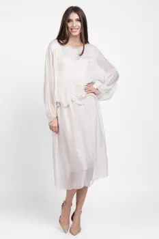 Rochie lunga ivoire, cu broderie florala si bordura, din matase naturala imagine