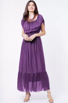 Rochie lunga, mov, din matase naturala, cu volan pe umeri imagine