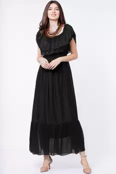 Rochie lunga, neagra, din matase naturala, cu volan pe umeri imagine