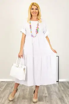 Rochie lunga oversize din in, cu volane, alba imagine