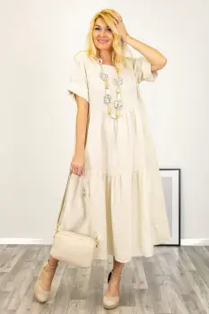 Rochie lunga oversize din in, cu volane, bej imagine