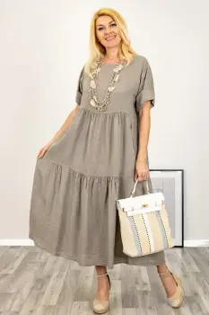 Rochie lunga oversize din in, cu volane, bej inchis imagine