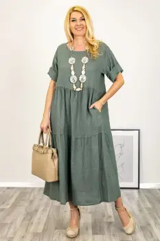 Rochie lunga oversize din in, cu volane, kaki imagine