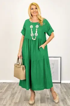 Rochie lunga oversize din in, cu volane, verde imagine