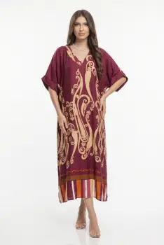 Rochie lunga oversize din vascoza si matase cu imprimeu baroc si croi lejer, bordo imagine