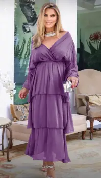 Rochie lunga suprapusa din matase, cu trei volane mari si maneca lunga, mov imagine