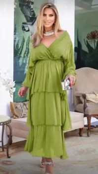Rochie lunga suprapusa din matase, cu trei volane mari si maneca lunga, verde oliv imagine