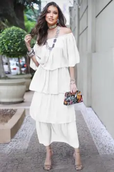 Rochie lunga suprapusa din matase naturala, cu trei volane mari si elastic pe umeri, alba imagine