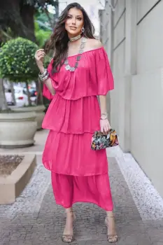 Rochie lunga suprapusa din matase naturala, cu trei volane mari si elastic pe umeri, fucsia imagine