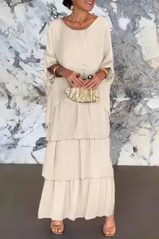 Rochie lunga suprapusa din matase naturala, cu trei volane mari si maneca cazuta, bej imagine