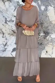 Rochie lunga suprapusa din matase naturala, cu trei volane mari si maneca cazuta, bej inchis imagine